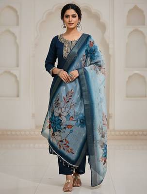 Women blue silk blend sequin emroidery work kurta set 2