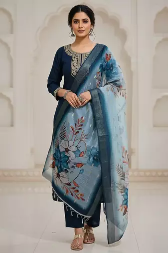 Women blue silk sequin emroidery work kurta set