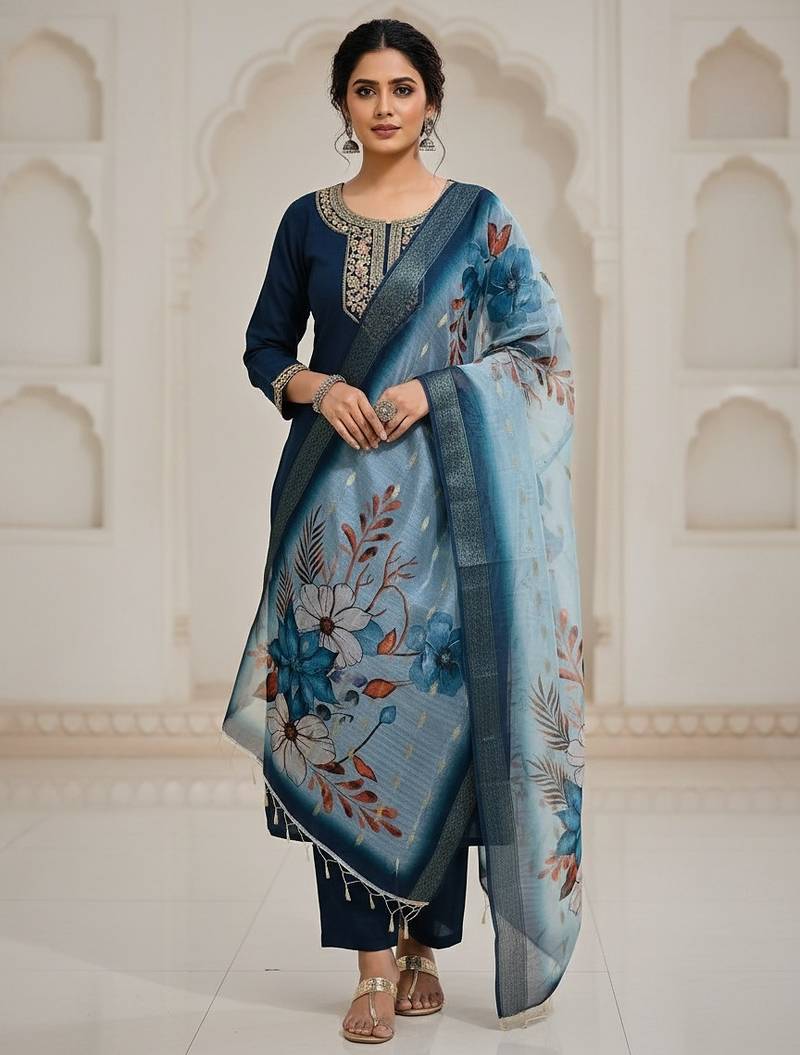 Women blue silk sequin emroidery work kurta set
