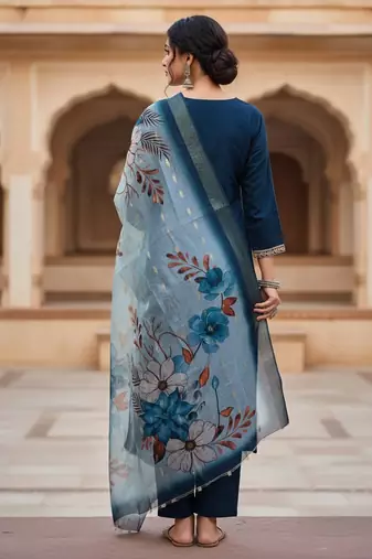 Women blue silk sequin emroidery work kurta set