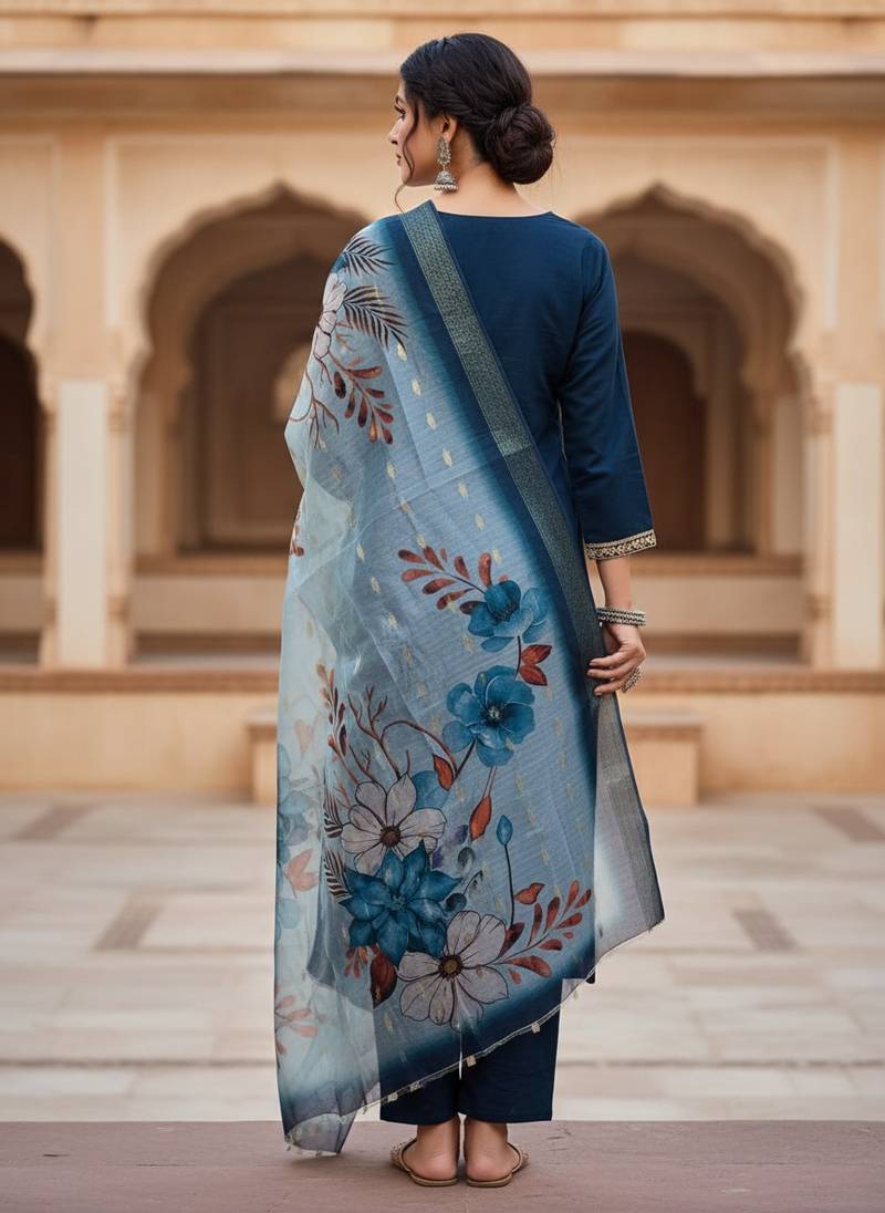 Women blue silk sequin emroidery work kurta set
