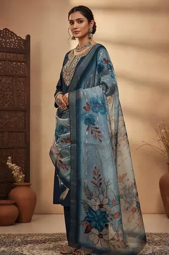 Women blue silk sequin emroidery work kurta set
