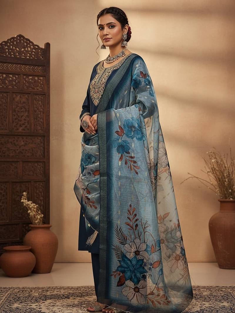 Women blue silk sequin emroidery work kurta set