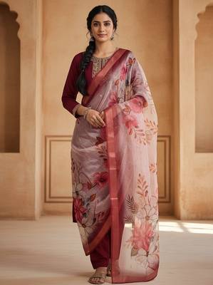 Women maroon silk blend sequin emroidery work kurta set 1