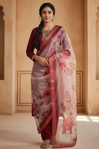Women maroon silk sequin emroidery work kurta set