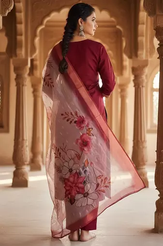 Women maroon silk sequin emroidery work kurta set