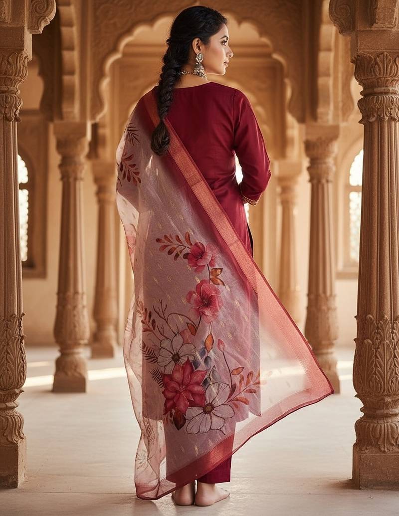 Women maroon silk sequin emroidery work kurta set