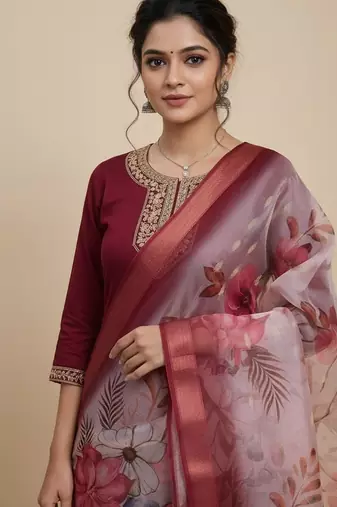 Women maroon silk sequin emroidery work kurta set
