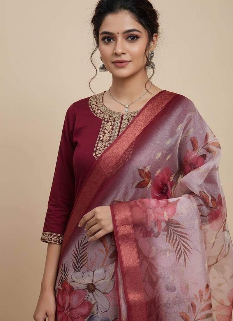 Women maroon silk sequin emroidery work kurta set
