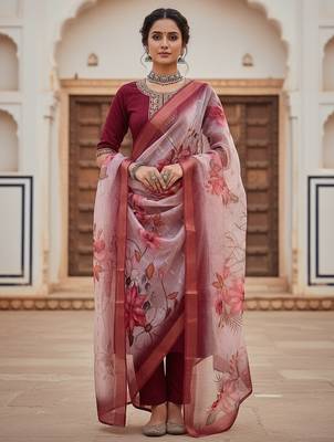 Women maroon silk blend sequin emroidery work kurta set 4