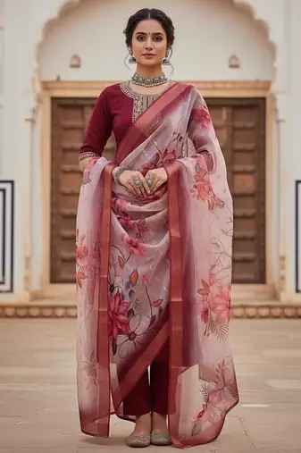 Women maroon silk sequin emroidery work kurta set