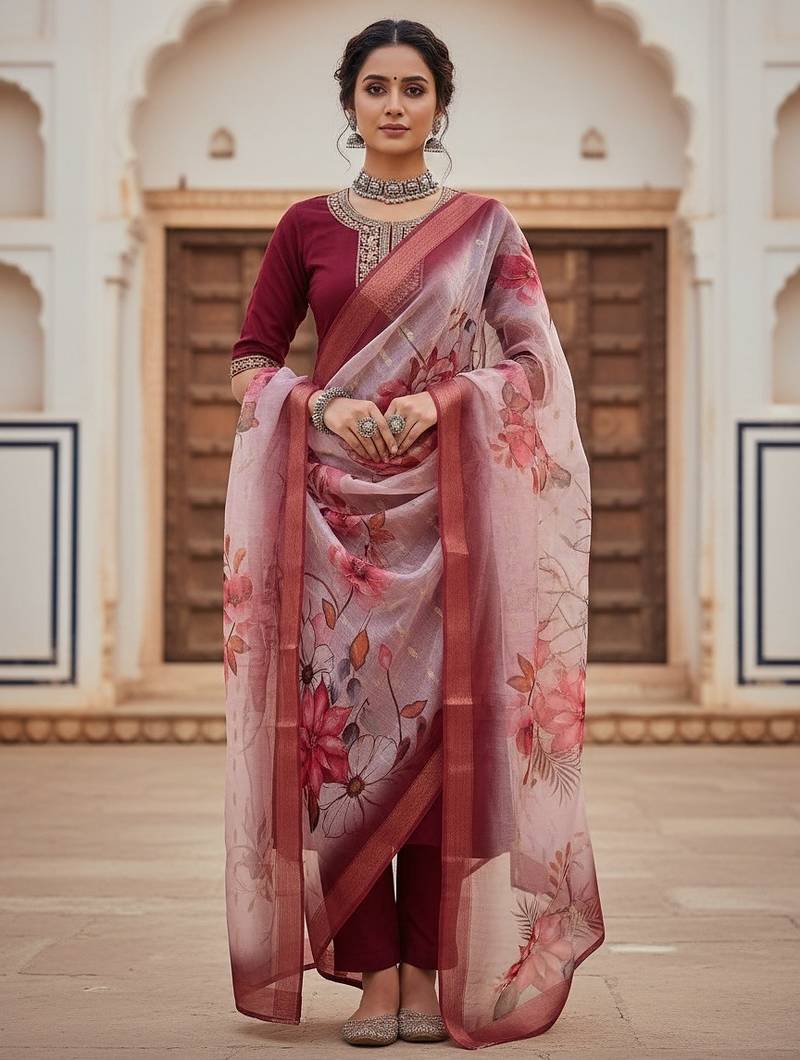 Women maroon silk sequin emroidery work kurta set