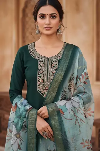 Women green silk sequin emroidery work kurta set