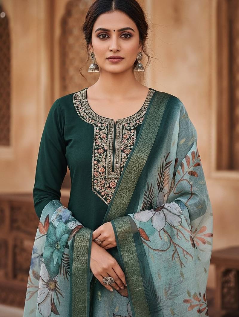 Women green silk sequin emroidery work kurta set