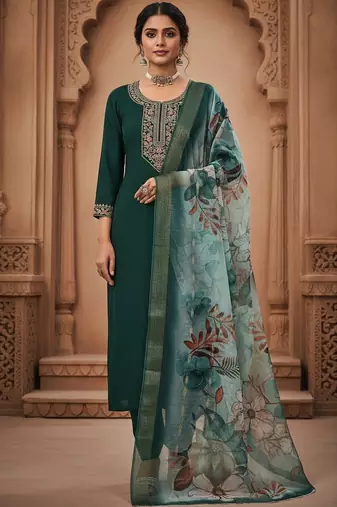 Women green silk sequin emroidery work kurta set