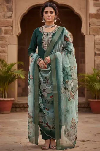 Women green silk sequin emroidery work kurta set