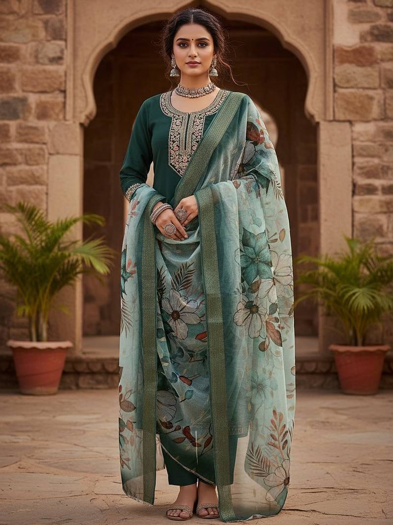 Women green silk sequin emroidery work kurta set