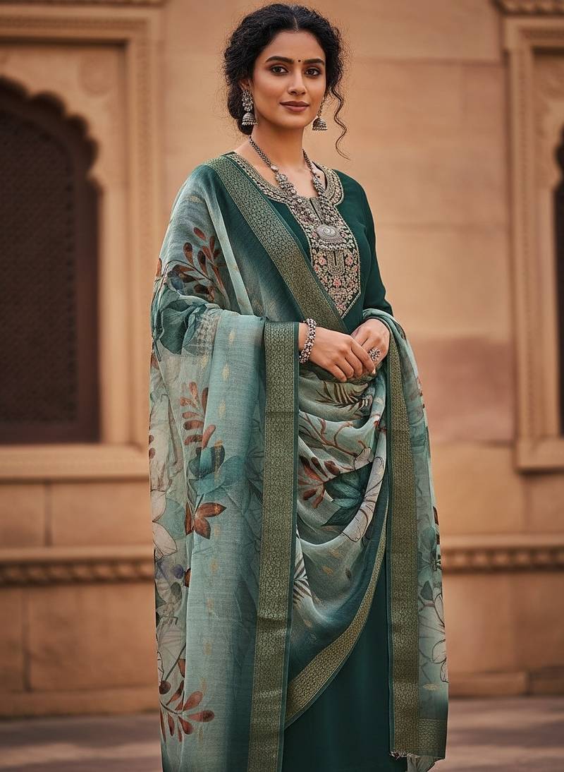 Women green silk sequin emroidery work kurta set