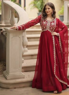 Women maroon silk blend sequin emroidery work kurta set 1