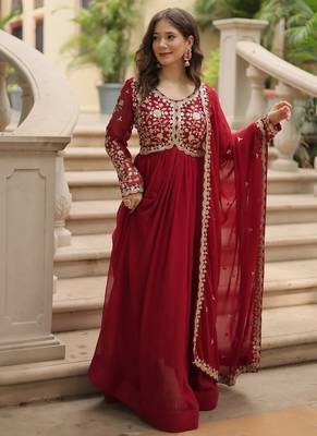 Women maroon silk blend sequin emroidery work kurta set 2