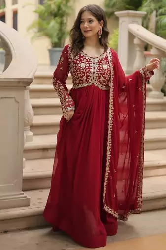 Women maroon silk sequin emroidery work kurta set
