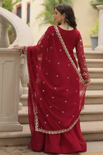 Women maroon silk sequin emroidery work kurta set