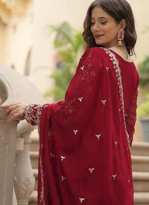 Women maroon silk blend sequin emroidery work kurta set 5