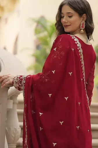 Women maroon silk sequin emroidery work kurta set