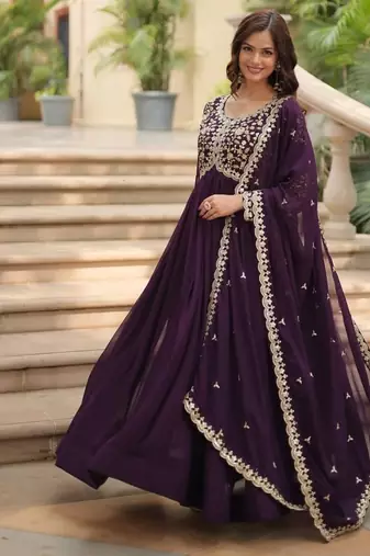 Women purple silk sequin emroidery work kurta set