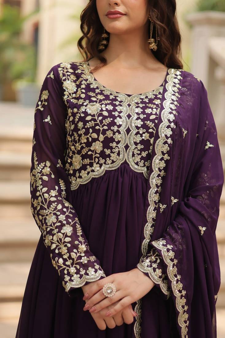 Women purple silk sequin emroidery work kurta set