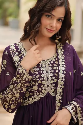Women purple silk sequin emroidery work kurta set