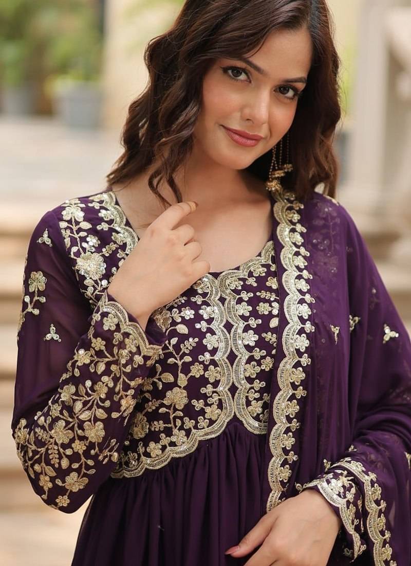 Women purple silk sequin emroidery work kurta set