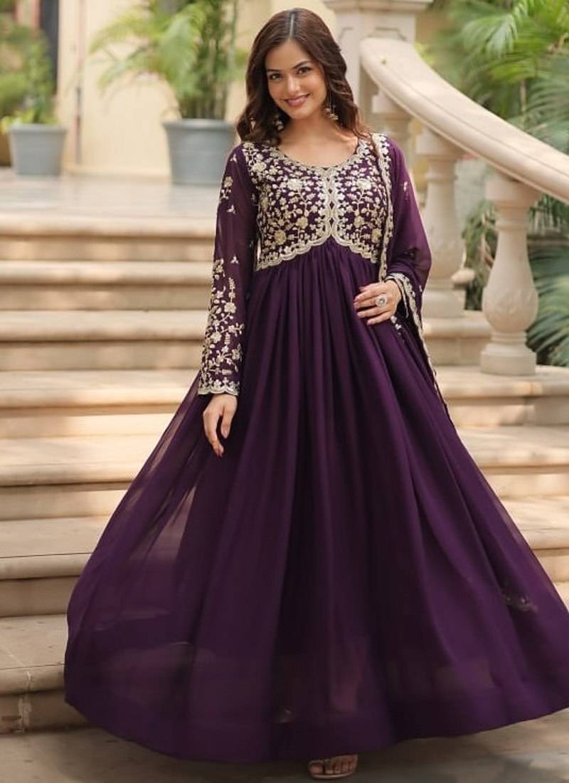 Women purple silk sequin emroidery work kurta set