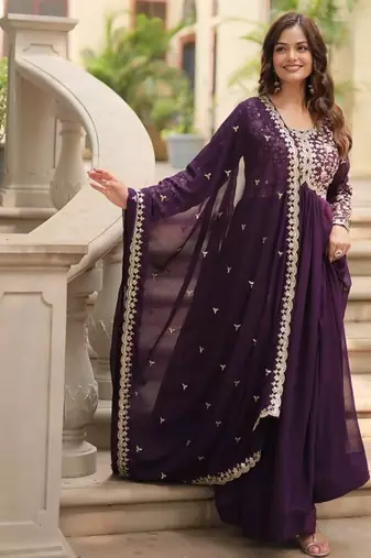 Women purple silk sequin emroidery work kurta set