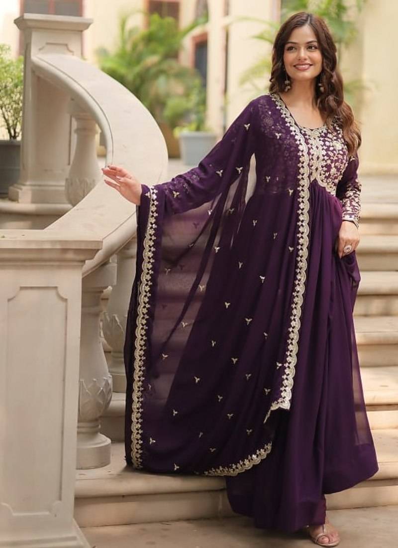 Women purple silk sequin emroidery work kurta set