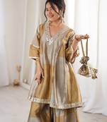 Women beige tissue sequin emroidery work kurta set