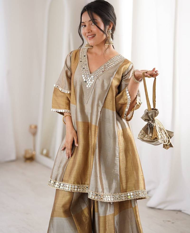 Women beige tissue sequin emroidery work kurta set
