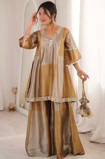 Women beige tissue sequin emroidery work kurta set