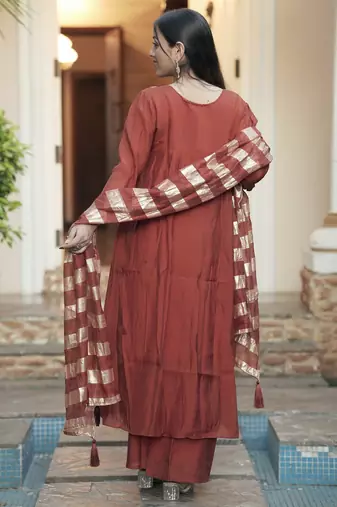 Women maroon chanderi sequin emroidery work kurta set