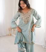 Women sky blue silk sequin emroidery work kurta set