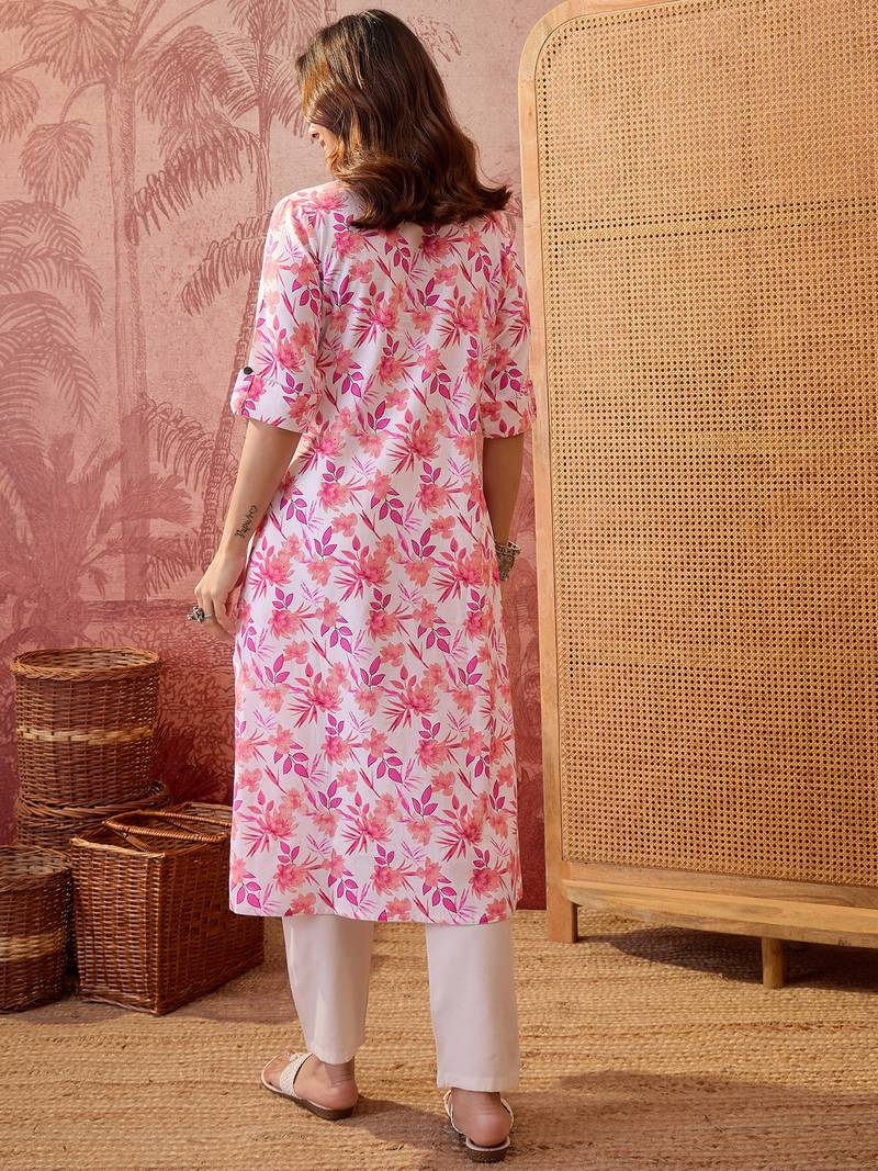 Women pink cotton sequin emroidery work kurta set