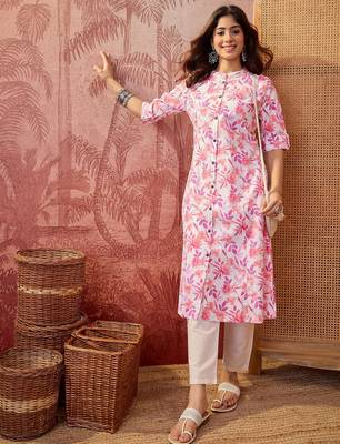 Women pink cotton sequin emroidery work kurta set 1