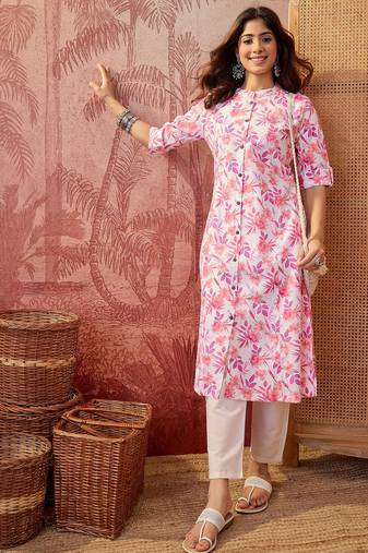 Women pink cotton sequin emroidery work kurta set
