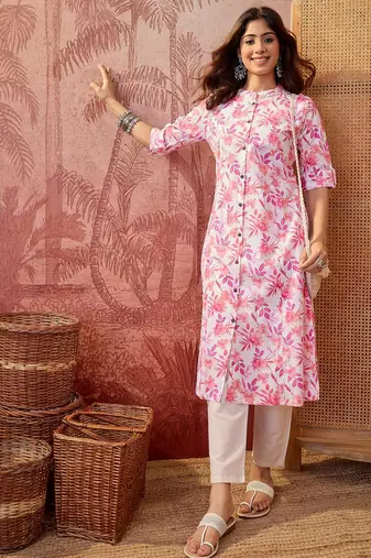 Women pink cotton sequin emroidery work kurta set