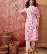 Women pink cotton sequin emroidery work kurta set