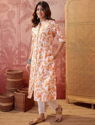 Women orange cotton sequin emroidery work kurta set 1