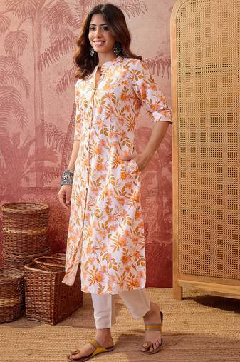 Women orange cotton sequin emroidery work kurta set