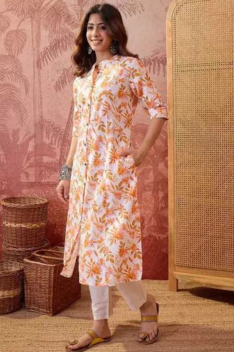 Women orange cotton sequin emroidery work kurta set