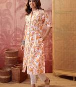 Women orange cotton sequin emroidery work kurta set