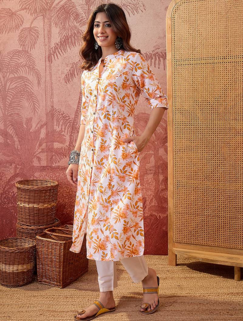 Women orange cotton sequin emroidery work kurta set